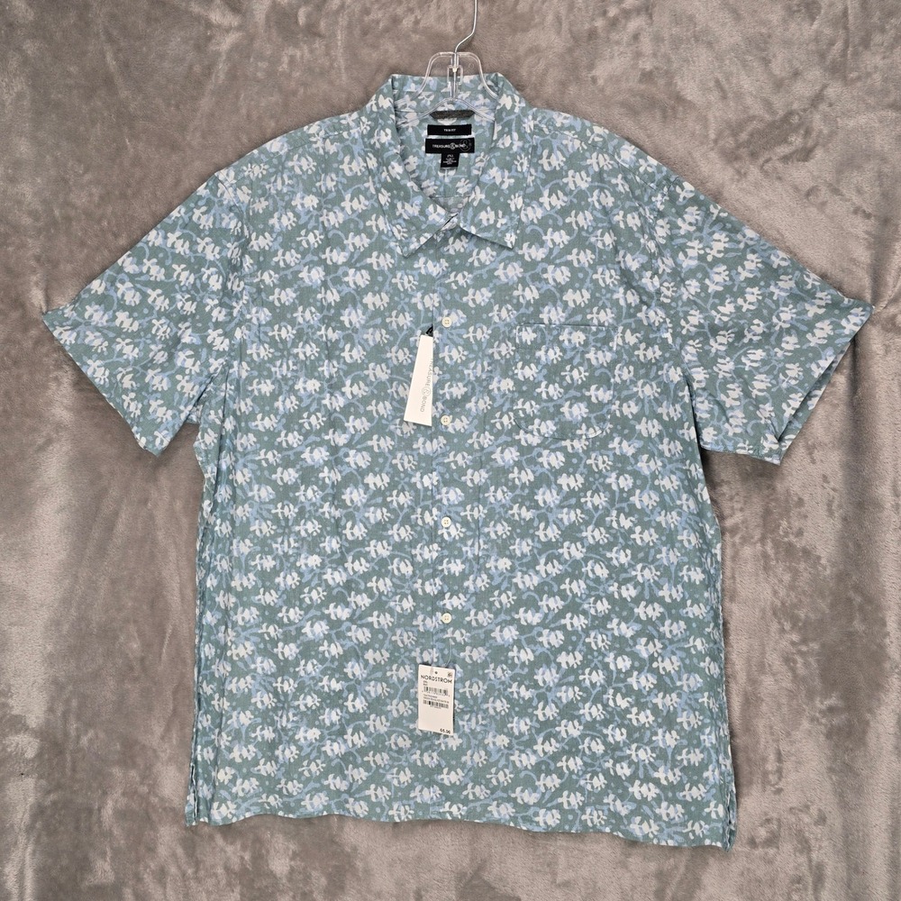 Treasure & Bond Mens 2XL Linen Blend Short Sleeve‎ Button Up Shirt Green Batik